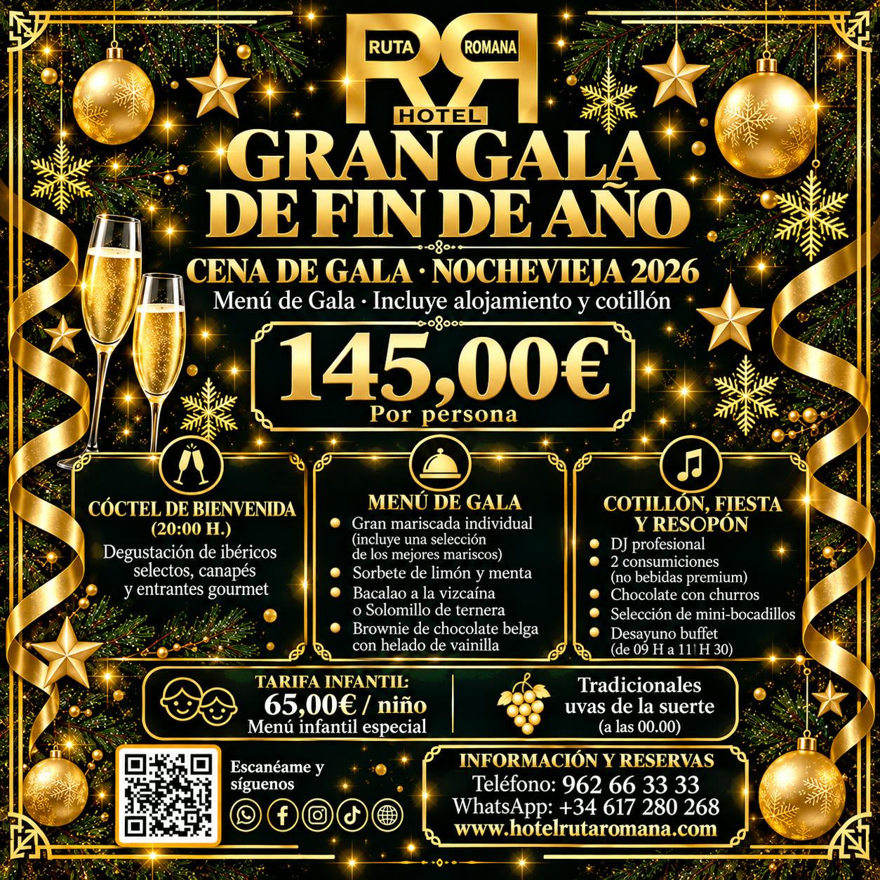 Cartel de la Gran Gala de Fin de Año 2026 en Sagunto - Cena de gala, cotillón, fiesta, alojamiento y desayuno buffet - Hotel Ruta Romana