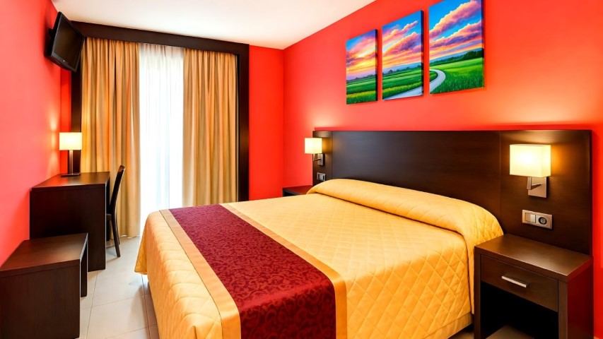Habitación doble completa con edredón amarillo