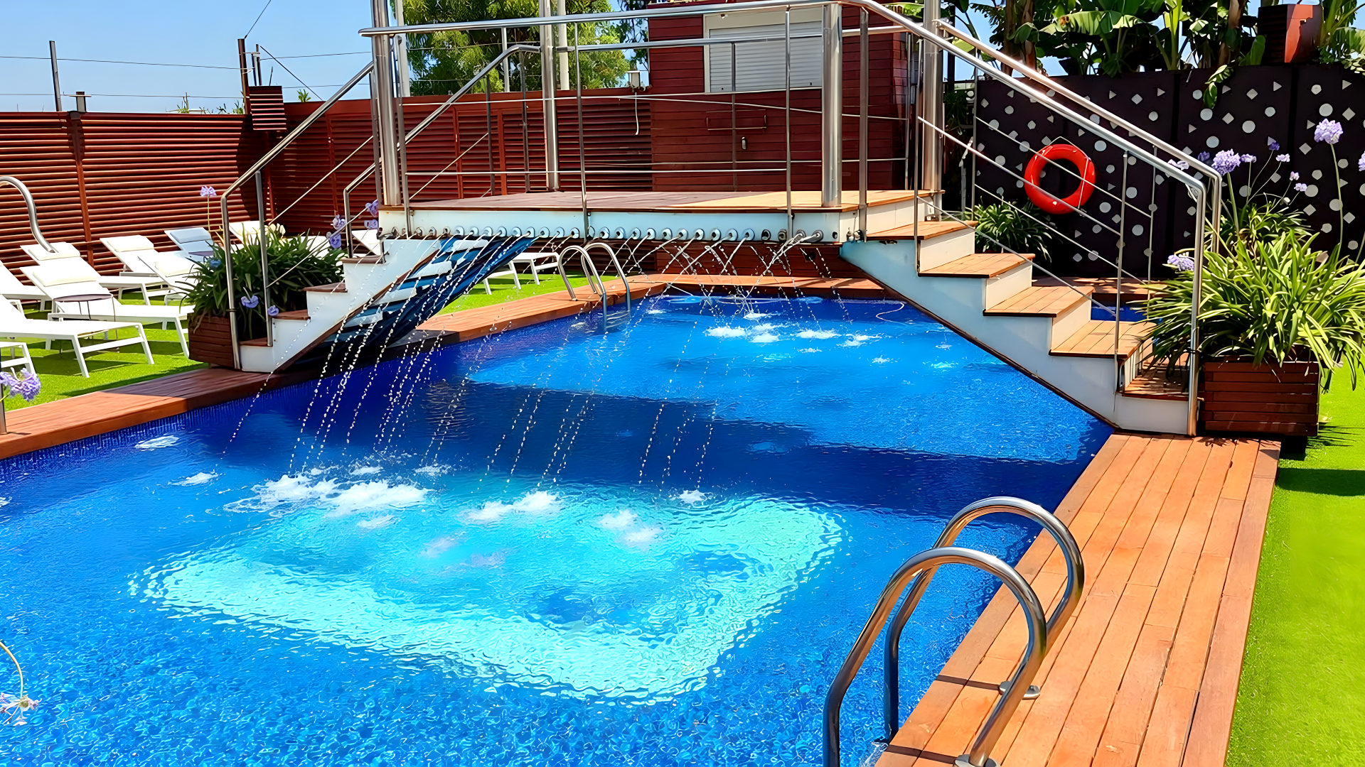 Cascada y flores junto a la piscina del Hotel Ruta Romana