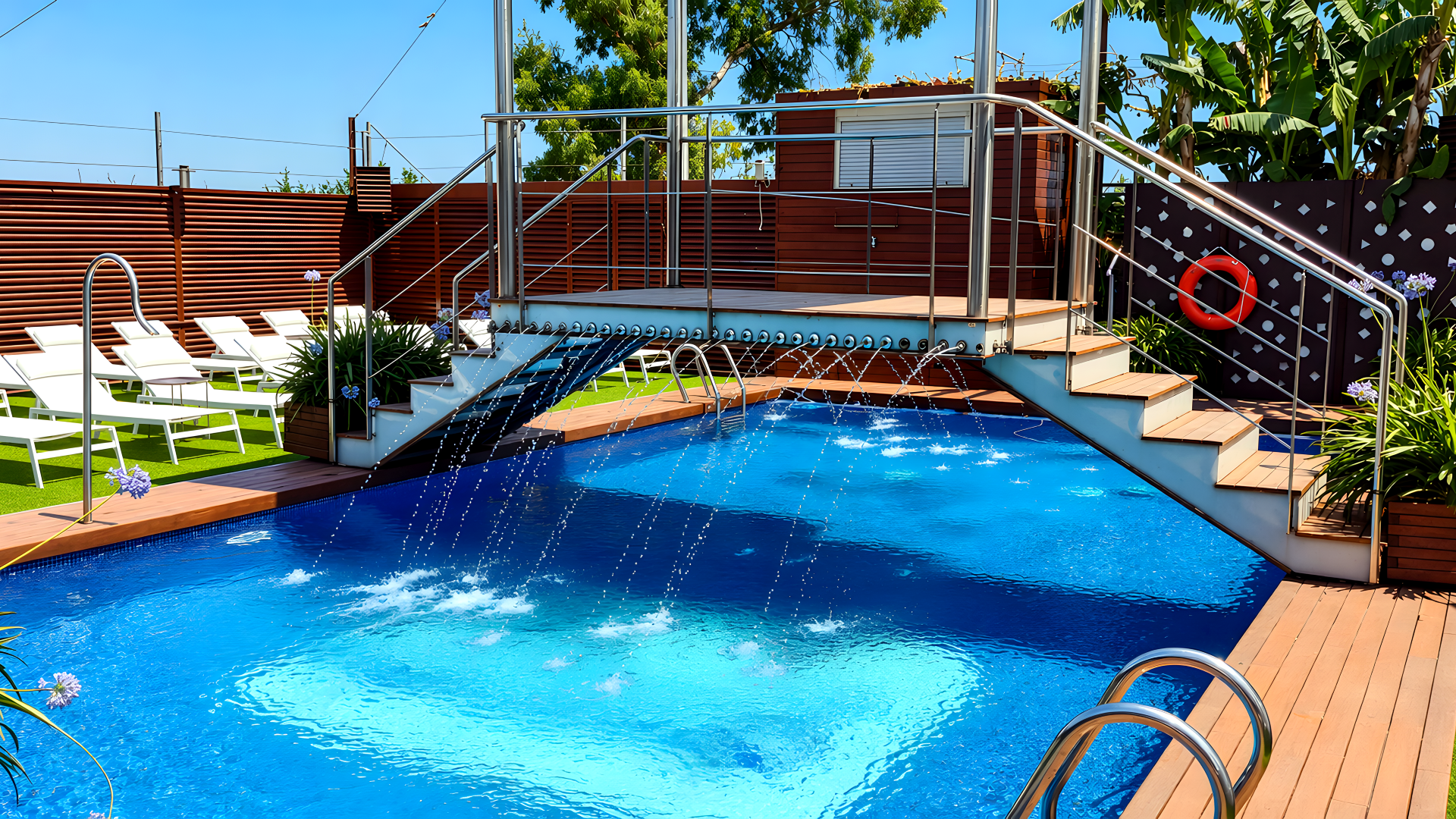Doble escalera de acceso y simetría en la piscina del Hotel Ruta Romana