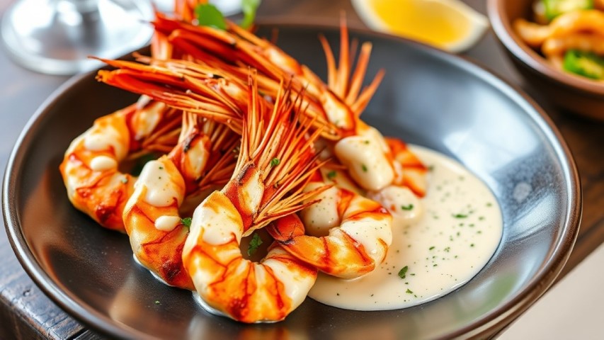 Gambones a la plancha con crema al ajillo Sagunto